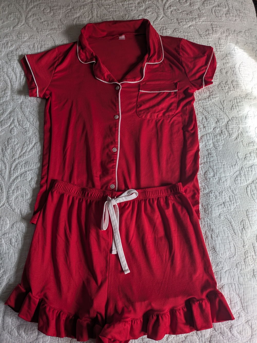 Source Unknown Red Short-Sleeve Pajama Set with White Trim